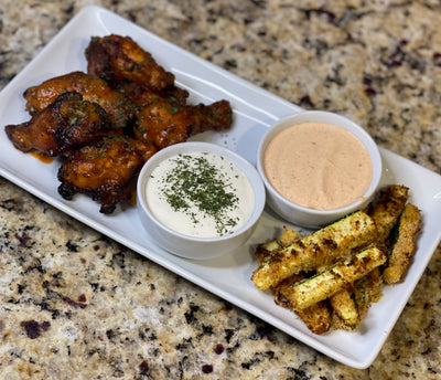 Air Fryer Buffalo Wings and Parmesan Zucchini Fries with Chipotle Dipping Sauce