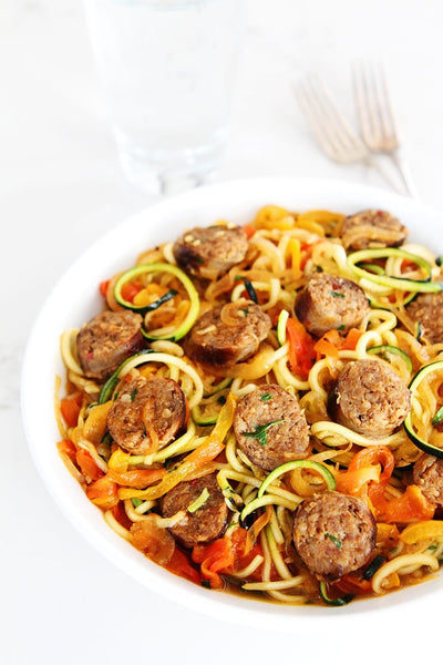 Italian Sausage and Peppers Over Zucchini Pasta