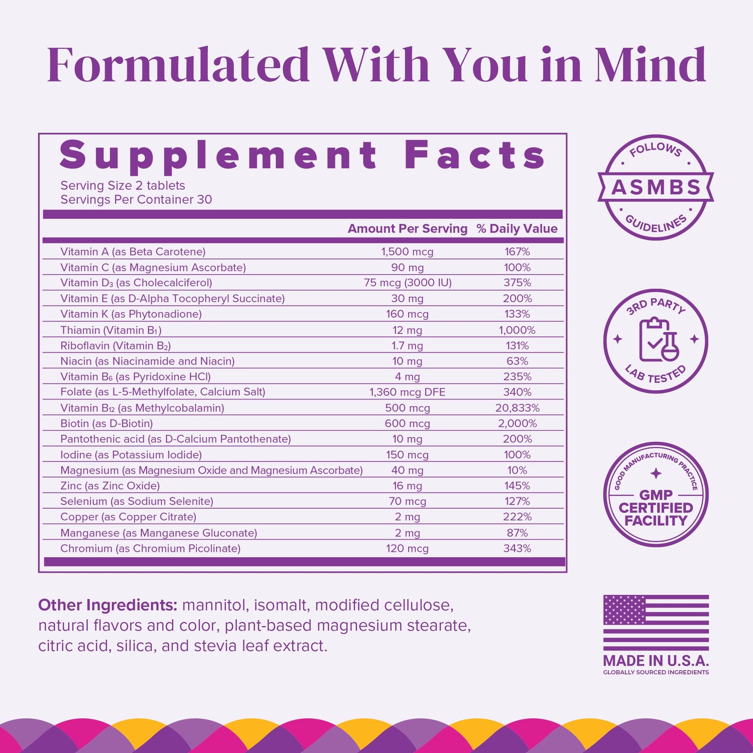 Supplement facts label with various vitamins and minerals on a purple background