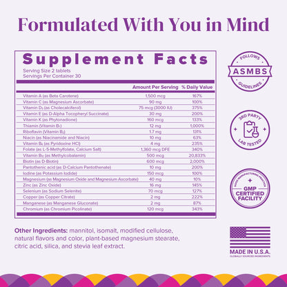 Supplement facts label with various vitamins and minerals on a purple background